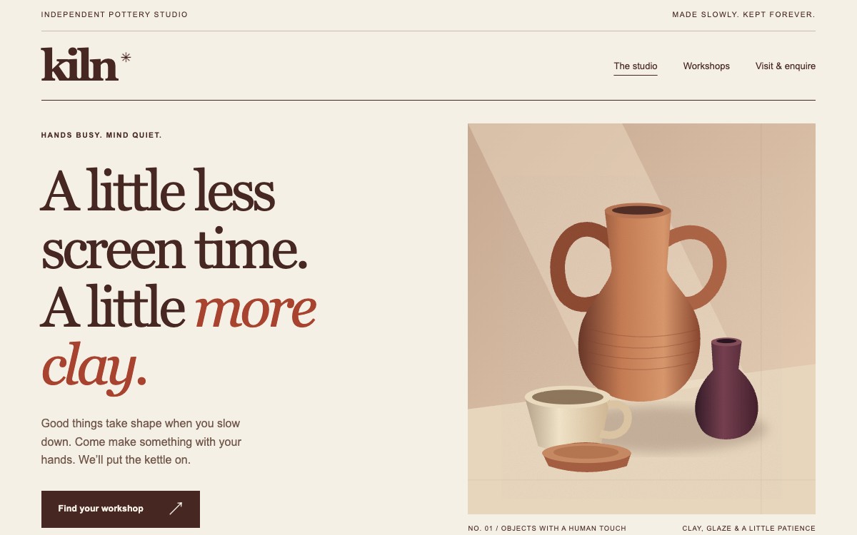 Kiln pottery studio: warm paper, clay-red editorial type and an original illustration of handmade ceramic vessels.